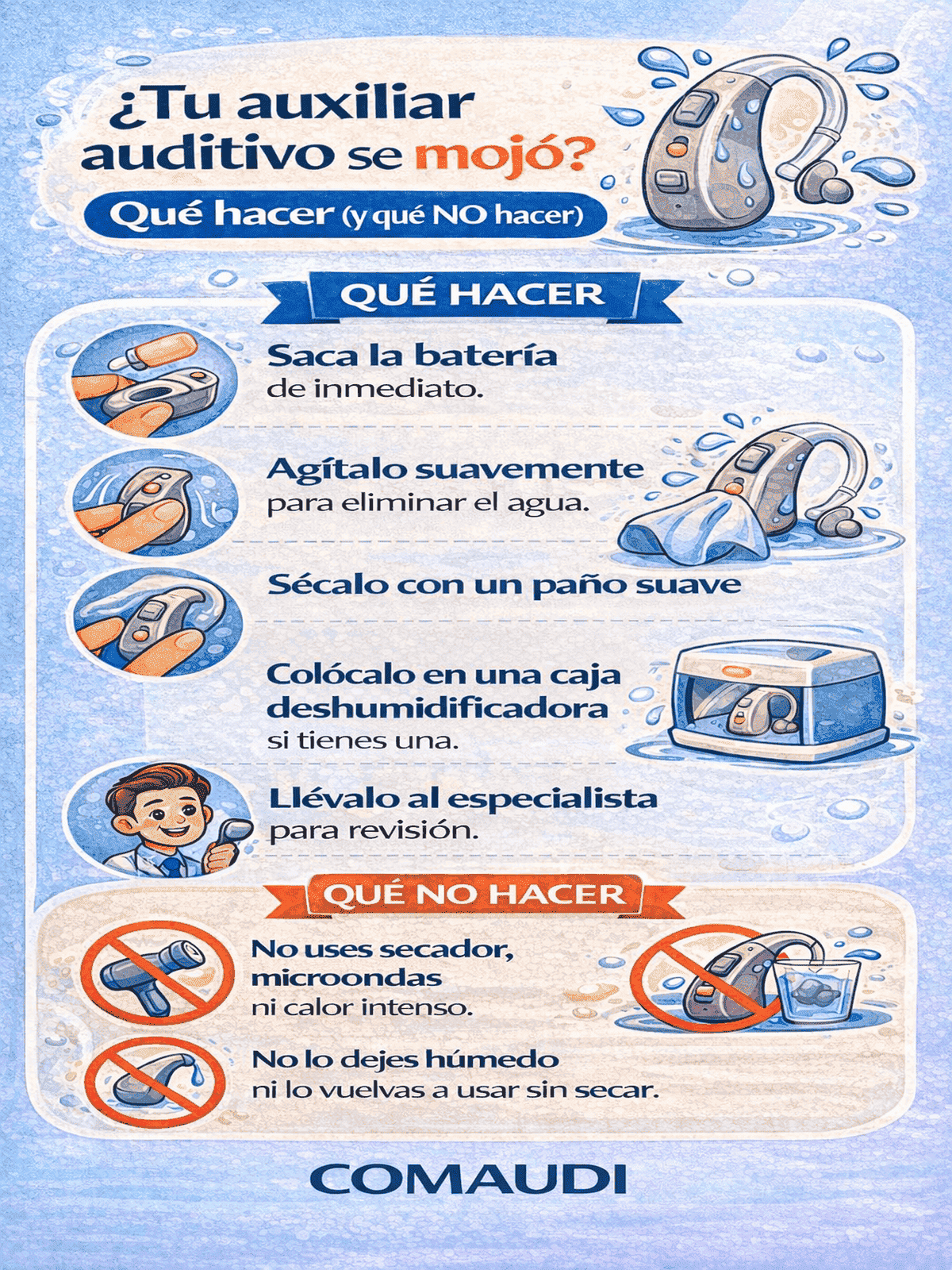 Infografía de qué hacer si tu aparato auditivo se mojó